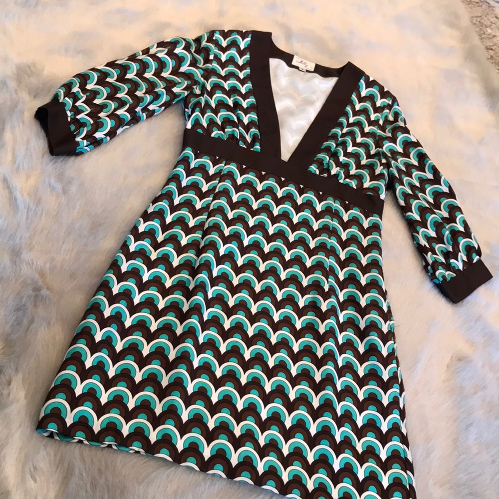 Milly of New York Turquoise and Brown Silk Dress-6
